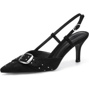 imageCoutgo Womens Slingback Kitten Heels Studded Closed Pointed Toe Pumps with Buckle Party Dress ShoesSuede Black