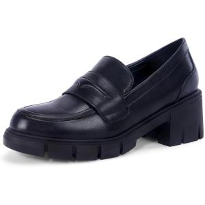 imageWomens Platform Loafers Chunky Heel Penny Loafer Lug Sole Slip On Round Toe Comfort Dress Work Shoes1black