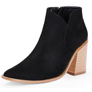 imageWomens Pointed Toe Ankle Boots Block Stacked Chunky Heel Cutout Side Zipper Fall Booties Shoe1black