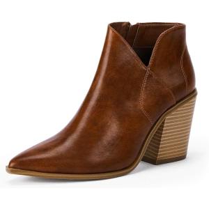 imageWomens Pointed Toe Ankle Boots Block Stacked Chunky Heel Cutout Side Zipper Fall Booties Shoe1brown