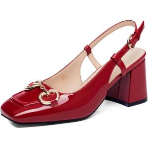 imageWomens Slingback Block Heels Closed Square Toe Dress Work Shoes Slip on Buckle Strap Business PumpsRed