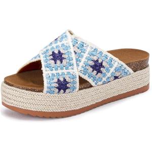 imageCoutgo Womens Platform Espadrille Sandals Flatform Floral Crochet Cork Open Toe Summer Beach Slide SandalsBlue
