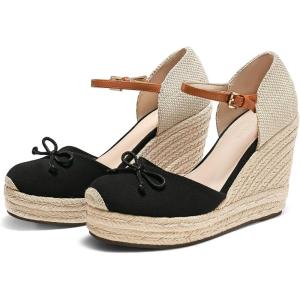 imageCoutgo Womens Platform Espadrilles Wedge Sandals Closed Cap Toe Bow Tie Ankle Buckle Strap Summer Dress ShoesBlack