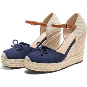 imageCoutgo Womens Platform Espadrilles Wedge Sandals Closed Cap Toe Bow Tie Ankle Buckle Strap Summer Dress ShoesNavy Blue