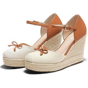 imageCoutgo Womens Platform Espadrilles Wedge Sandals Closed Cap Toe Bow Tie Ankle Buckle Strap Summer Dress ShoesNude