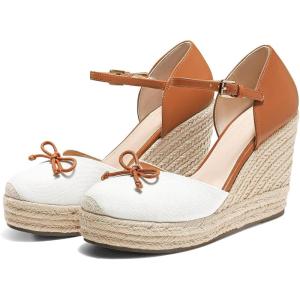 imageCoutgo Womens Platform Espadrilles Wedge Sandals Closed Cap Toe Bow Tie Ankle Buckle Strap Summer Dress ShoesWhite