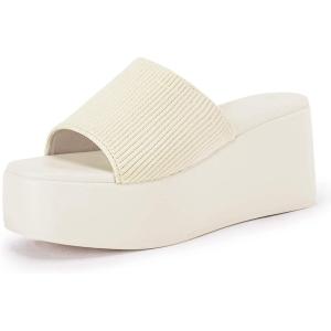 imageCoutgo Womens Platform Slides Sandals Square Open Toe Slip On Elastic Band Casual Lightweight Wedge ShoesBeige