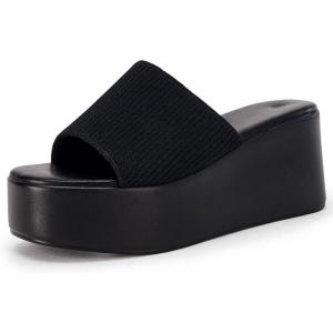 imageCoutgo Womens Platform Slides Sandals Square Open Toe Slip On Elastic Band Casual Lightweight Wedge ShoesBlack
