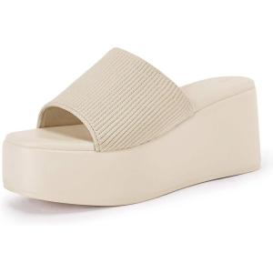 imageCoutgo Womens Platform Slides Sandals Square Open Toe Slip On Elastic Band Casual Lightweight Wedge ShoesKhaki