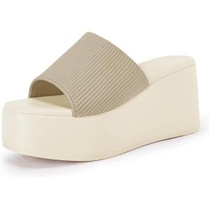 imageCoutgo Womens Platform Slides Sandals Square Open Toe Slip On Elastic Band Casual Lightweight Wedge ShoesLight Khaki