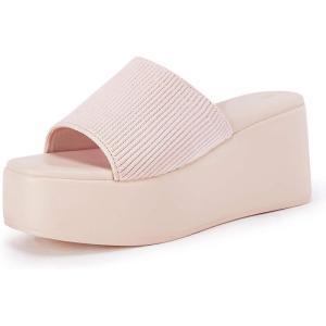 imageCoutgo Womens Platform Slides Sandals Square Open Toe Slip On Elastic Band Casual Lightweight Wedge ShoesNude Pink