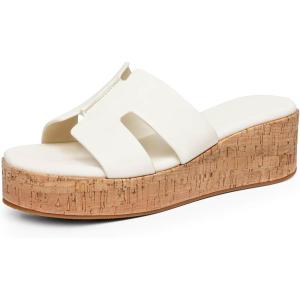 imageCoutgo Womens Platform Wedge Sandals Open Toe Slip On Slides Cork Heeled Cutout Comfortable Summer ShoesBeige