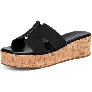 imageCoutgo Womens Platform Wedge Sandals Open Toe Slip On Slides Cork Heeled Cutout Comfortable Summer ShoesPure Black
