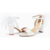 imageCoutgo Womens Bow Tie Heeled Sandals Chunky Heels One Strap Satin Ankle Buckle Dress Wedding ShoesWhite
