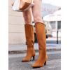 imageCoutgo Womens Wide Calf Knee High Boots Stiletto High Heel Pointed Toe Side Zipper Suede Long Boots Winter ShoesBrown