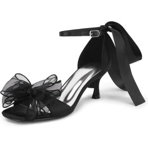 imageCoutgo Womens Bow Kitten Heels Sandals Square Open Toe Ankle Strap Satin Ribbon Wedding Dress ShoesBlack