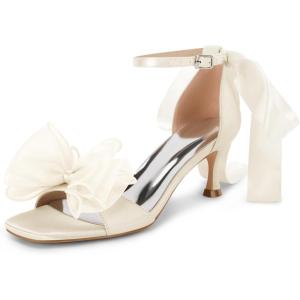 imageCoutgo Womens Bow Kitten Heels Sandals Square Open Toe Ankle Strap Satin Ribbon Wedding Dress ShoesChampagne