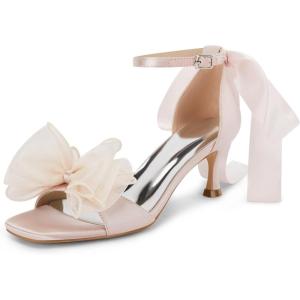 imageCoutgo Womens Bow Kitten Heels Sandals Square Open Toe Ankle Strap Satin Ribbon Wedding Dress ShoesPink