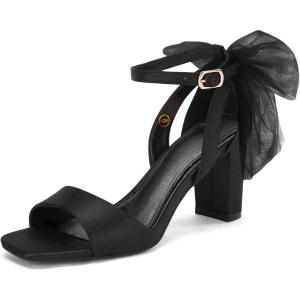 imageCoutgo Womens Bow Tie Heeled Sandals Chunky Heels One Strap Satin Ankle Buckle Dress Wedding ShoesBlack