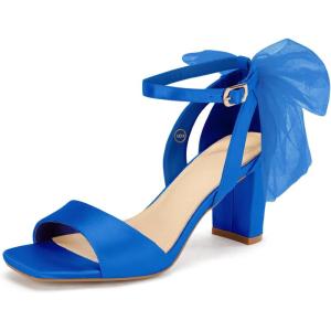imageCoutgo Womens Bow Tie Heeled Sandals Chunky Heels One Strap Satin Ankle Buckle Dress Wedding ShoesRoyal Blue