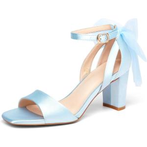 imageCoutgo Womens Bow Tie Heeled Sandals Chunky Heels One Strap Satin Ankle Buckle Dress Wedding ShoesSky Blue