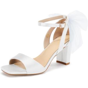 imageCoutgo Womens Bow Tie Heeled Sandals Chunky Heels One Strap Satin Ankle Buckle Dress Wedding ShoesWhite