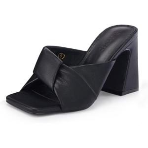 imageCoutgo Womens Chunky Heeled Mules Puffy Knot Square Open Toe Slip On Sandals Summer Evening Party Prom ShoesBlack