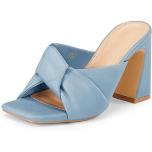 imageCoutgo Womens Chunky Heeled Mules Puffy Knot Square Open Toe Slip On Sandals Summer Evening Party Prom ShoesBlue