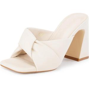 imageCoutgo Womens Chunky Heeled Mules Puffy Knot Square Open Toe Slip On Sandals Summer Evening Party Prom ShoesWhite