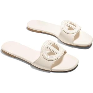 imageCoutgo Womens Dressy Flat Sandals Open Toe Slip on Leather Summer Beach Slide SandalsBeige