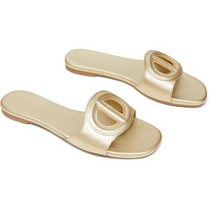 imageCoutgo Womens Dressy Flat Sandals Open Toe Slip on Leather Summer Beach Slide SandalsGold