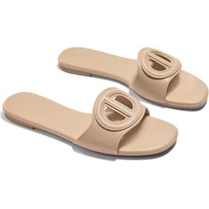 imageCoutgo Womens Dressy Flat Sandals Open Toe Slip on Leather Summer Beach Slide SandalsKhaki