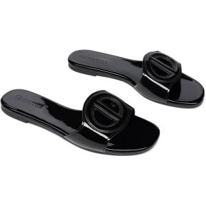 imageCoutgo Womens Dressy Flat Sandals Open Toe Slip on Leather Summer Beach Slide SandalsMirror Cool Black
