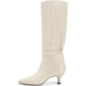 imageCoutgo Womens Kitten Heel Knee High Boots Pointed Toe Tall Boots Pull On Winter Dress Long Boot ShoesBeige