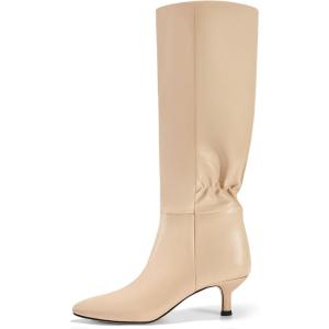 imageCoutgo Womens Kitten Heel Knee High Boots Pointed Toe Tall Boots Pull On Winter Dress Long Boot ShoesKhaki