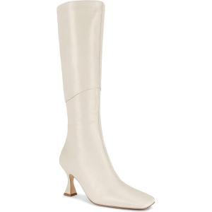 imageCoutgo Womens Kitten Heel Knee High Boots Wide Calf Square Toe Leather Boot Shoes with ZipperBeige