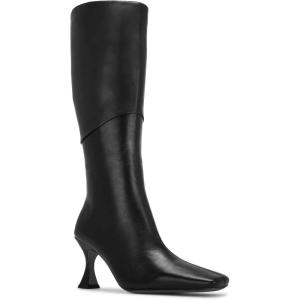 imageCoutgo Womens Kitten Heel Knee High Boots Wide Calf Square Toe Leather Boot Shoes with ZipperBlack