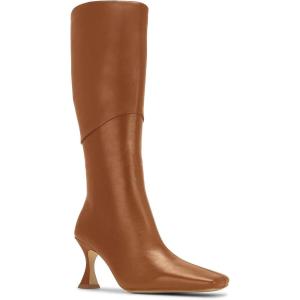 imageCoutgo Womens Kitten Heel Knee High Boots Wide Calf Square Toe Leather Boot Shoes with ZipperBrown