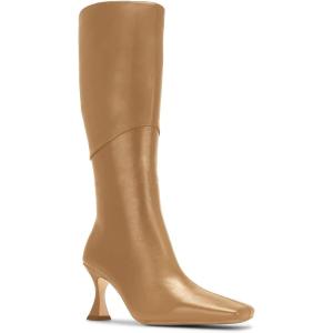 imageCoutgo Womens Kitten Heel Knee High Boots Wide Calf Square Toe Leather Boot Shoes with ZipperKhaki