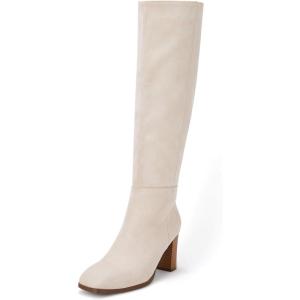 imageCoutgo Womens Knee High Boots Chunky Block Heels Square Toe Side Zipper Faux Suede Fall Winter Comfort BootBeige