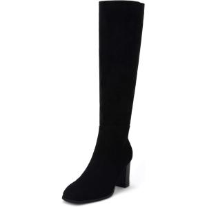 imageCoutgo Womens Knee High Boots Chunky Block Heels Square Toe Side Zipper Faux Suede Fall Winter Comfort BootBlack