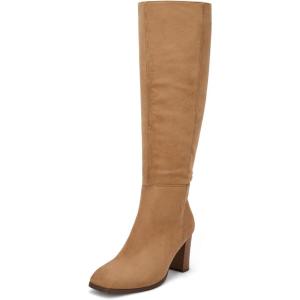 imageCoutgo Womens Knee High Boots Chunky Block Heels Square Toe Side Zipper Faux Suede Fall Winter Comfort BootKhaki