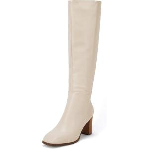imageCoutgo Womens Knee High Boots Chunky Block Heels Square Toe Side Zipper Faux Suede Fall Winter Comfort BootNude