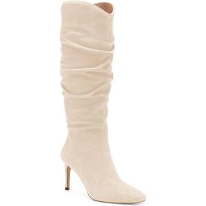imageCoutgo Womens Knee High Boots Faux Suede Almond Toe Stiletto High Heel Slouchy Side Zipper BootiesBeige