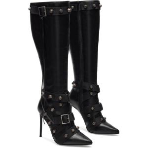 imageCoutgo Womens Knee High Boots Sexy Pointed Toe Stiletto High Heel Rivet Zipper Winter Motorcycle Tall Boot ShoesBlack