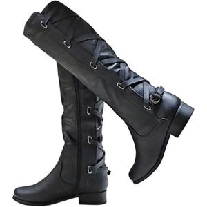 imageCoutgo Womens Lace Up Knee High Boots Motorcycle Riding Flat Low Heels Strappy Winter Combat BootsBlack