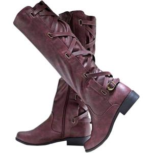 imageCoutgo Womens Lace Up Knee High Boots Motorcycle Riding Flat Low Heels Strappy Winter Combat BootsBurgundy