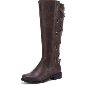 imageCoutgo Womens Lace Up Knee High Boots Motorcycle Riding Flat Low Heels Strappy Winter Combat BootsDark Brown