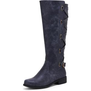 imageCoutgo Womens Lace Up Knee High Boots Motorcycle Riding Flat Low Heels Strappy Winter Combat BootsNavy