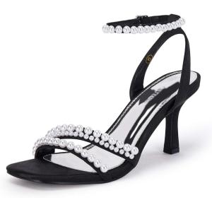imageCoutgo Womens Pearl Kitten Heels Sandals Square Open Toe Dress Sandals Ankle Strap Satin Wedding Party Summer SandalsBlack